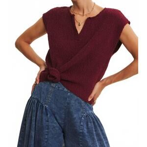 NEW IN FEBRUARY relaxed fit slub knit sweater top with split neck in wine